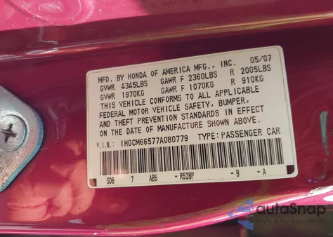 2007 Honda Accord 3.0 Ex z USA, uszkodzony, nr VIN 1HGCM66577A080779